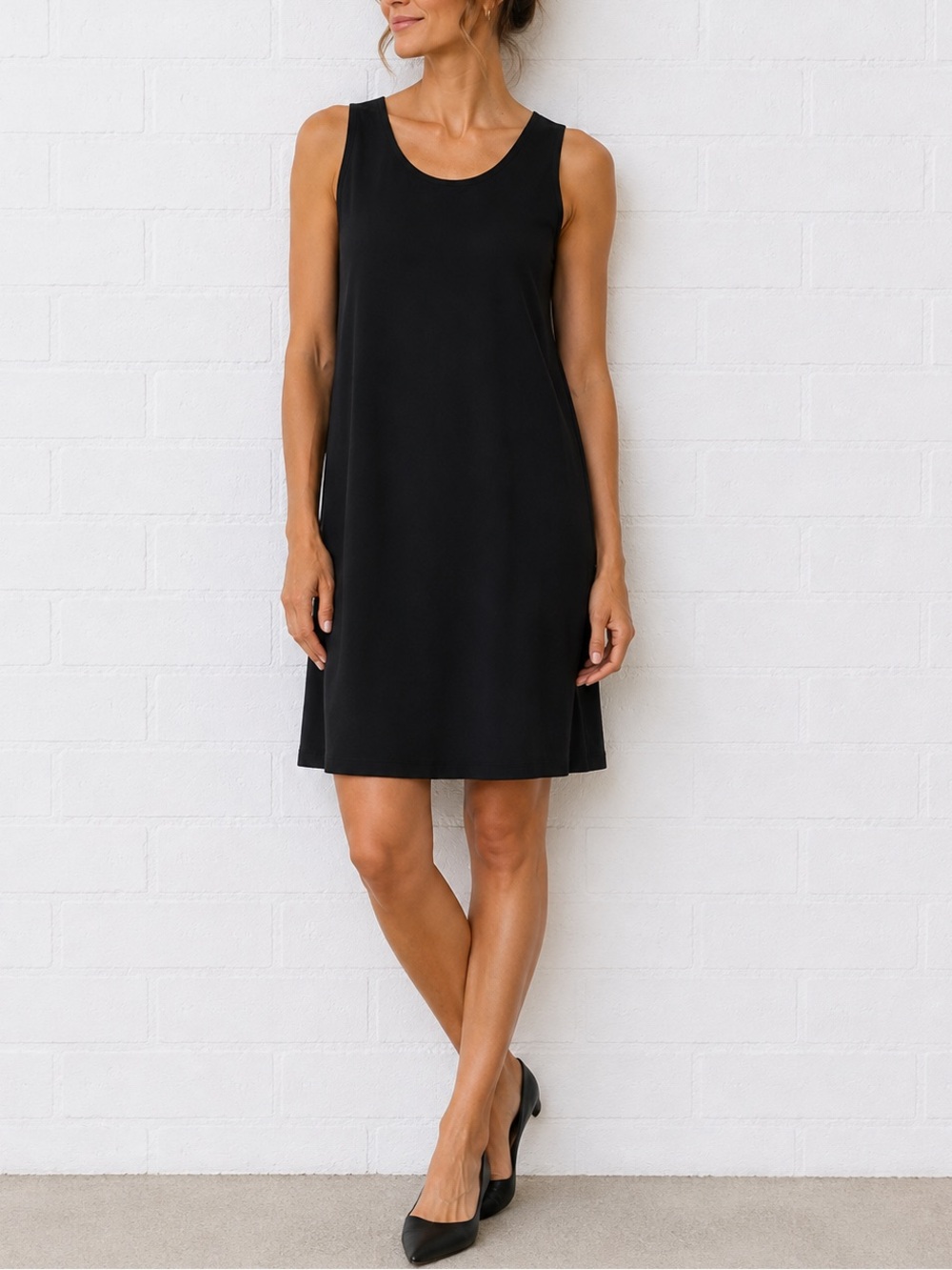 Eileen Fisher Black Sheath Dress XS Sleeveless Quiet Luxury Minimalist Workwear